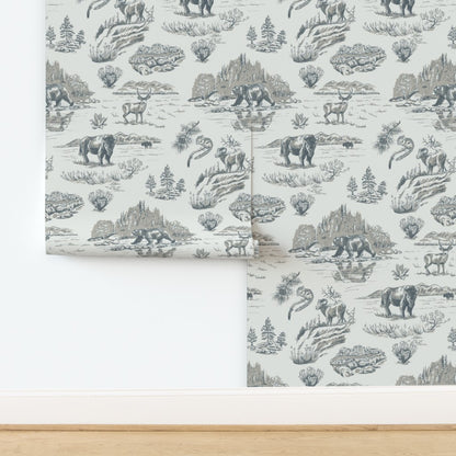 Wild Yellowstone Toile wallpaper in Silver Creek — tonal yellowstone wallpaper by Pine + Feather Studio