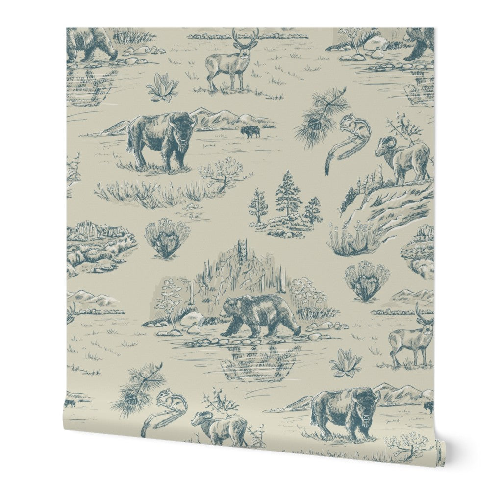 Wild Yellowstone Toile wallpaper roll in Clear River — yellowstone wallpaper by Pine + Feather Studio