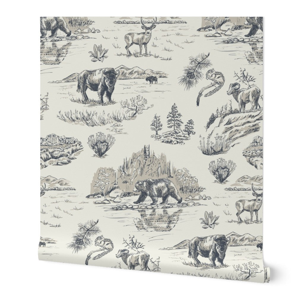 Wild Yellowstone Toile wallpaper roll in Gallatin Blue — yellowstone wallpaper by Pine + Feather Studio