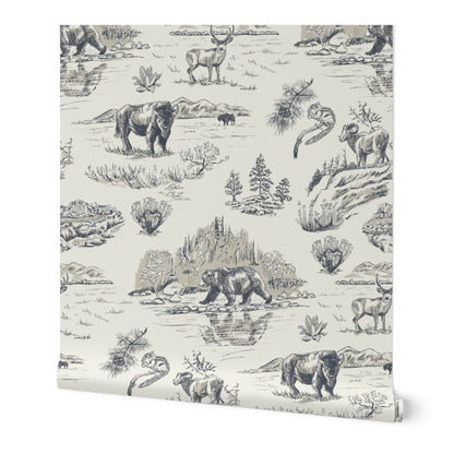 Wild Yellowstone Toile wallpaper roll in Gallatin Blue — yellowstone wallpaper by Pine + Feather Studio