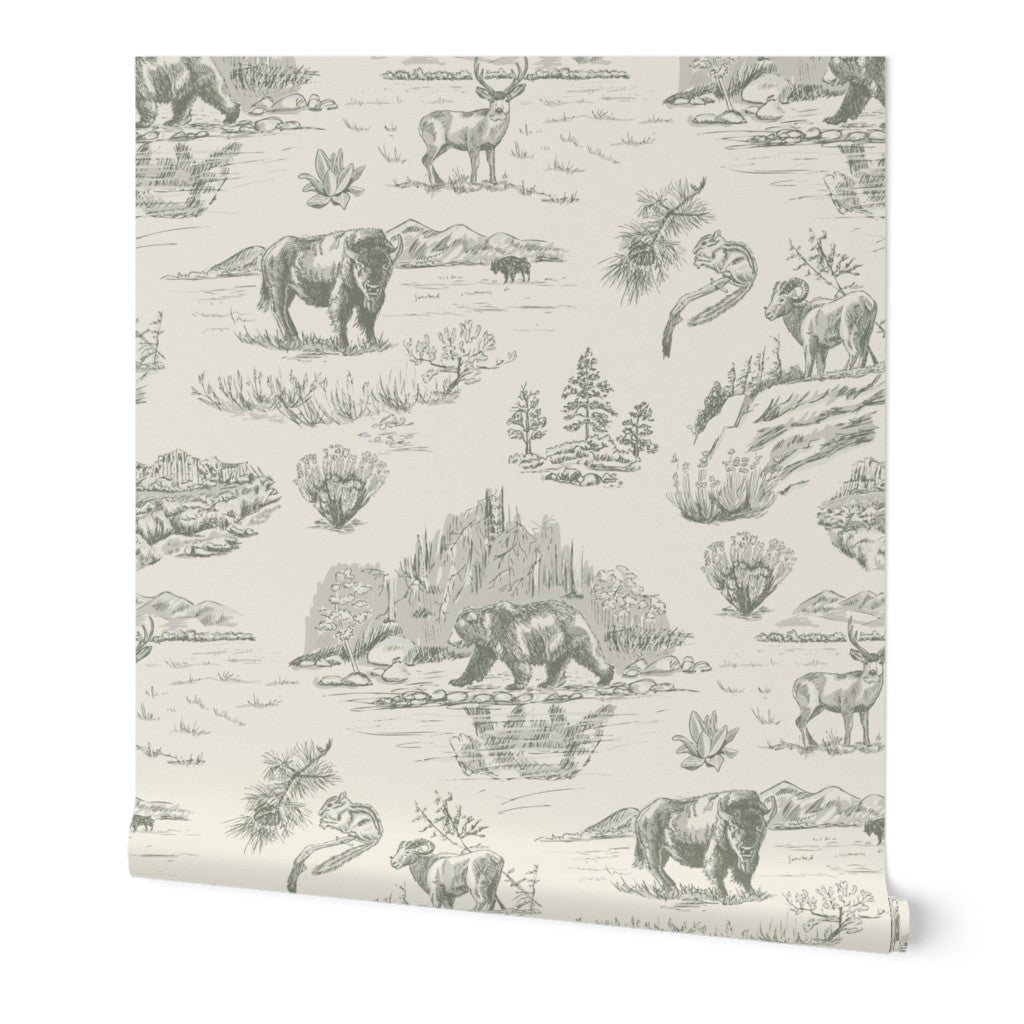 Wild Yellowstone Toile wallpaper roll in Sage Flats — sage green yellowstone wallpaper by Pine + Feather Studio