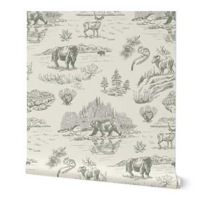 Wild Yellowstone Toile wallpaper roll in Sage Flats — sage green yellowstone wallpaper by Pine + Feather Studio