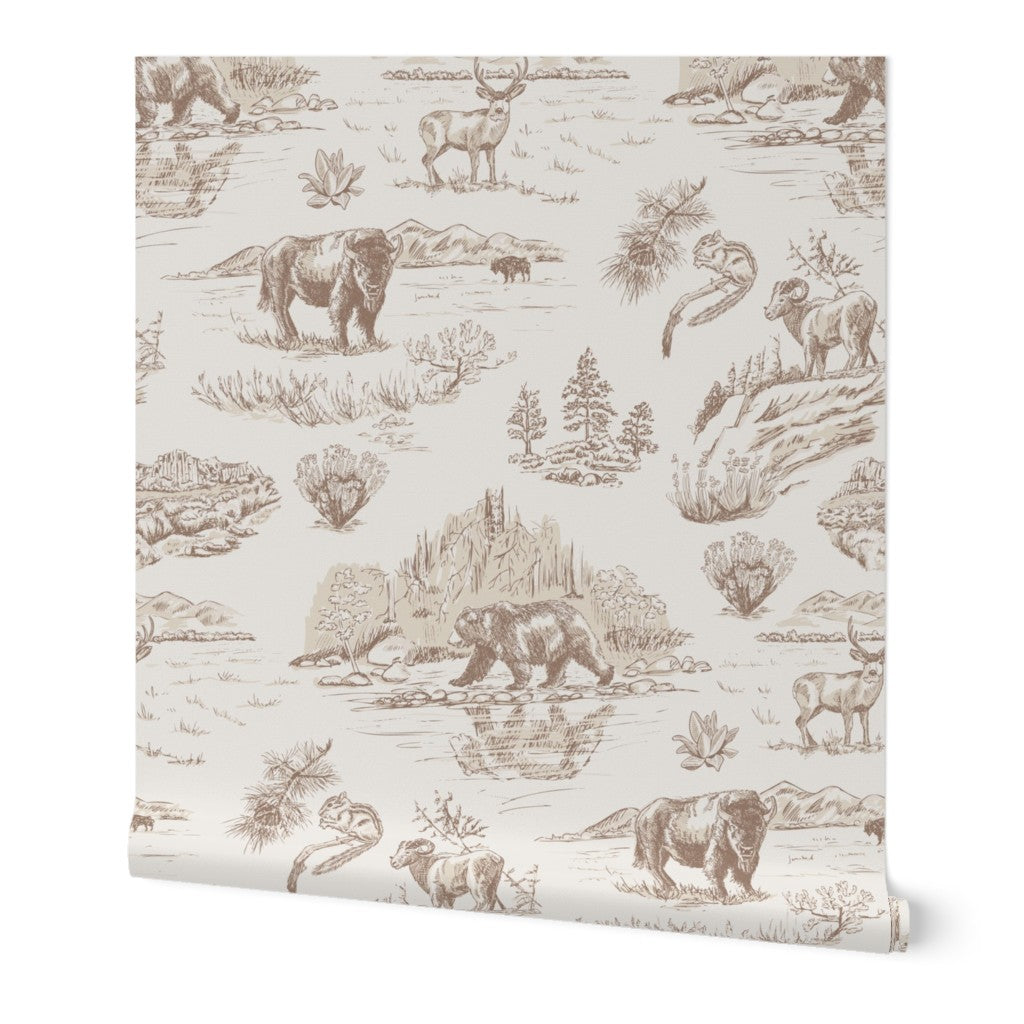 Wild Yellowstone Toile wallpaper roll in Sandstone Bluff — yellowstone wallpaper by Pine + Feather Studio