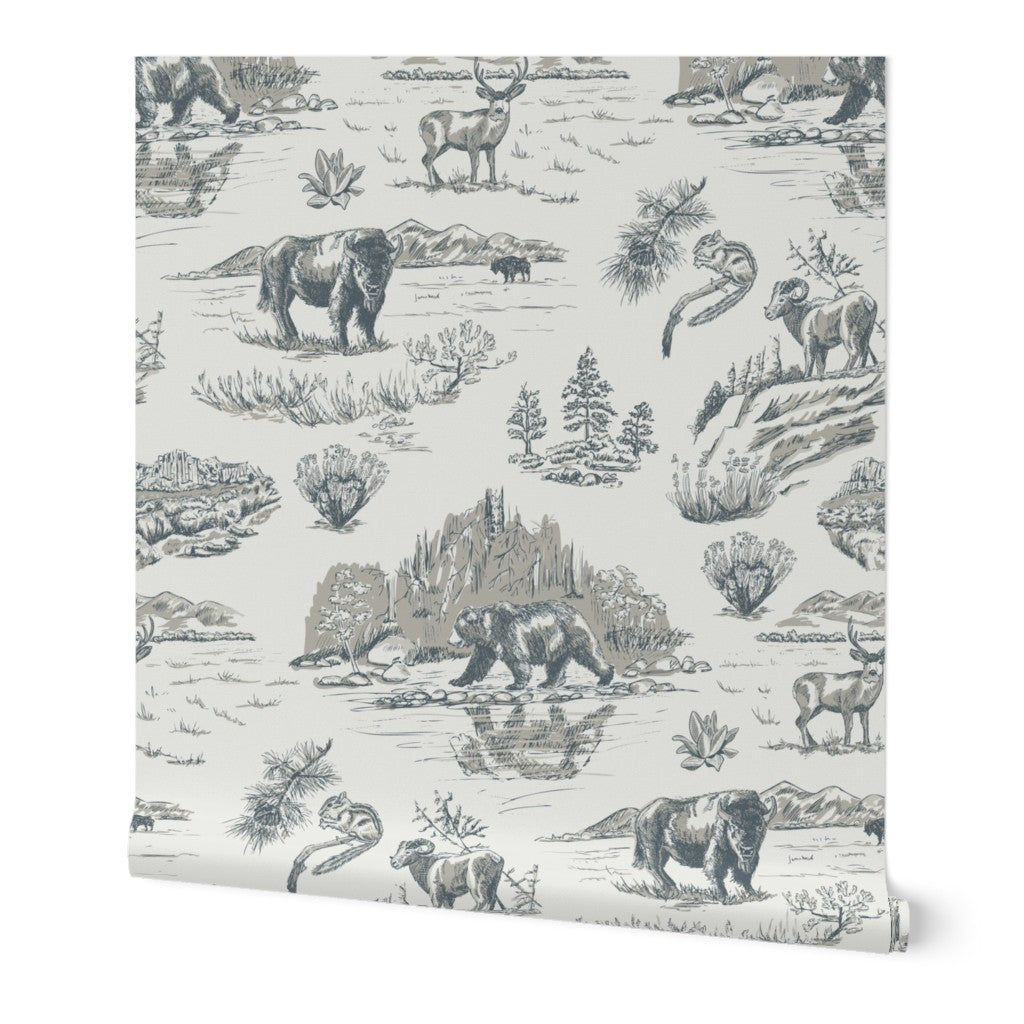Wild Yellowstone Toile wallpaper roll in Silver Creek — tonal yellowstone wallpaper by Pine + Feather Studio