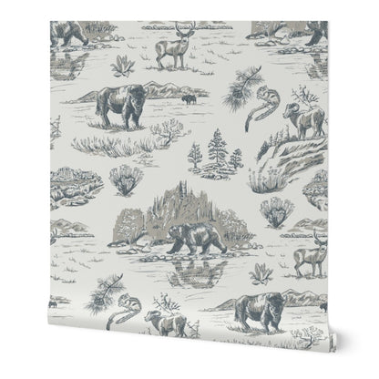 Wild Yellowstone Toile wallpaper roll in Silver Creek — tonal yellowstone wallpaper by Pine + Feather Studio