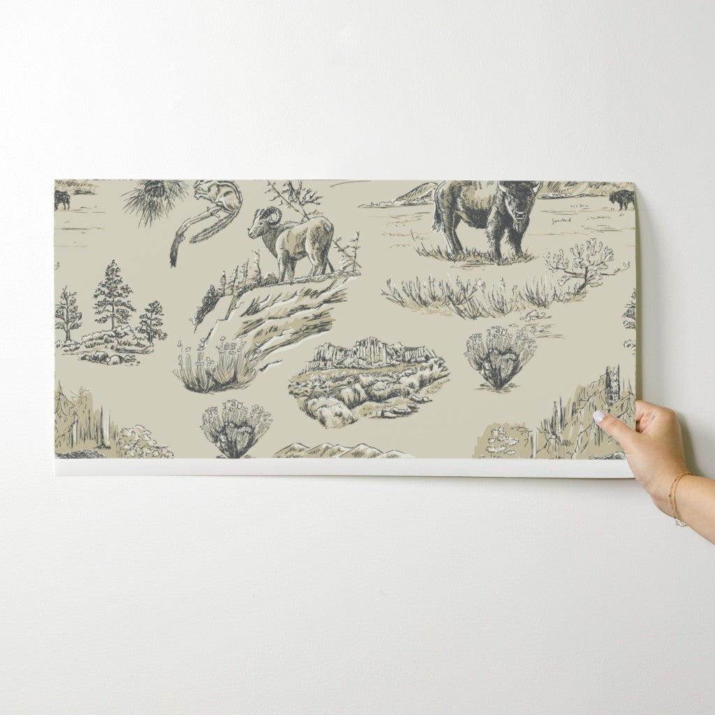 Wild Yellowstone Toile wallpaper swatch in Granite Falls — yellowstone wallpaper by Pine + Feather Studio