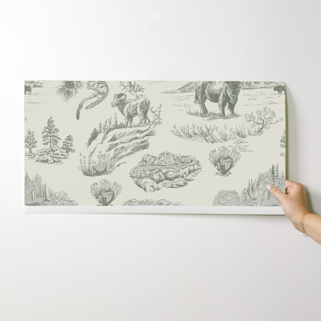 Wild Yellowstone Toile wallpaper swatch in Sage Flats — sage green yellowstone wallpaper by Pine + Feather Studio