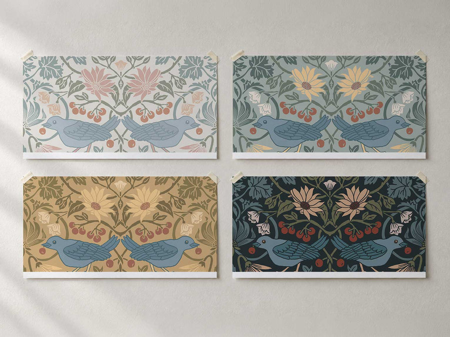 Four Huckleberry Thief wallpaper swatches in First Light, Glacier Sage, Harvest Trail and Timberline Dark