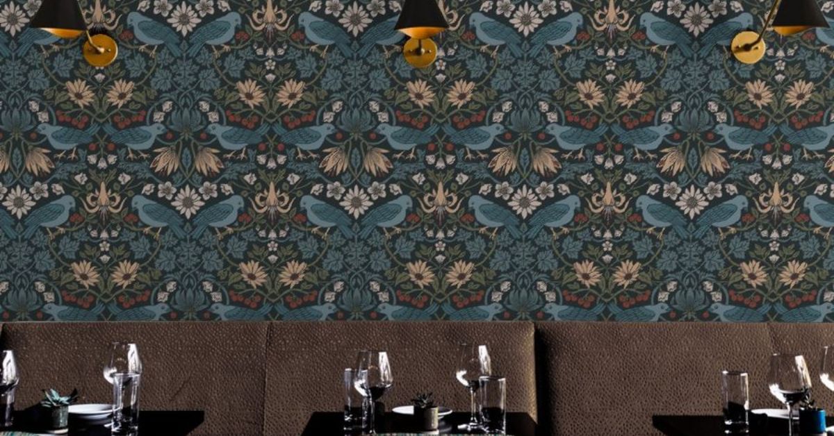 arts and crafts wallpaper with vintage birds and botanicals installed in a restaurant dining room — Pine + Feather Studio