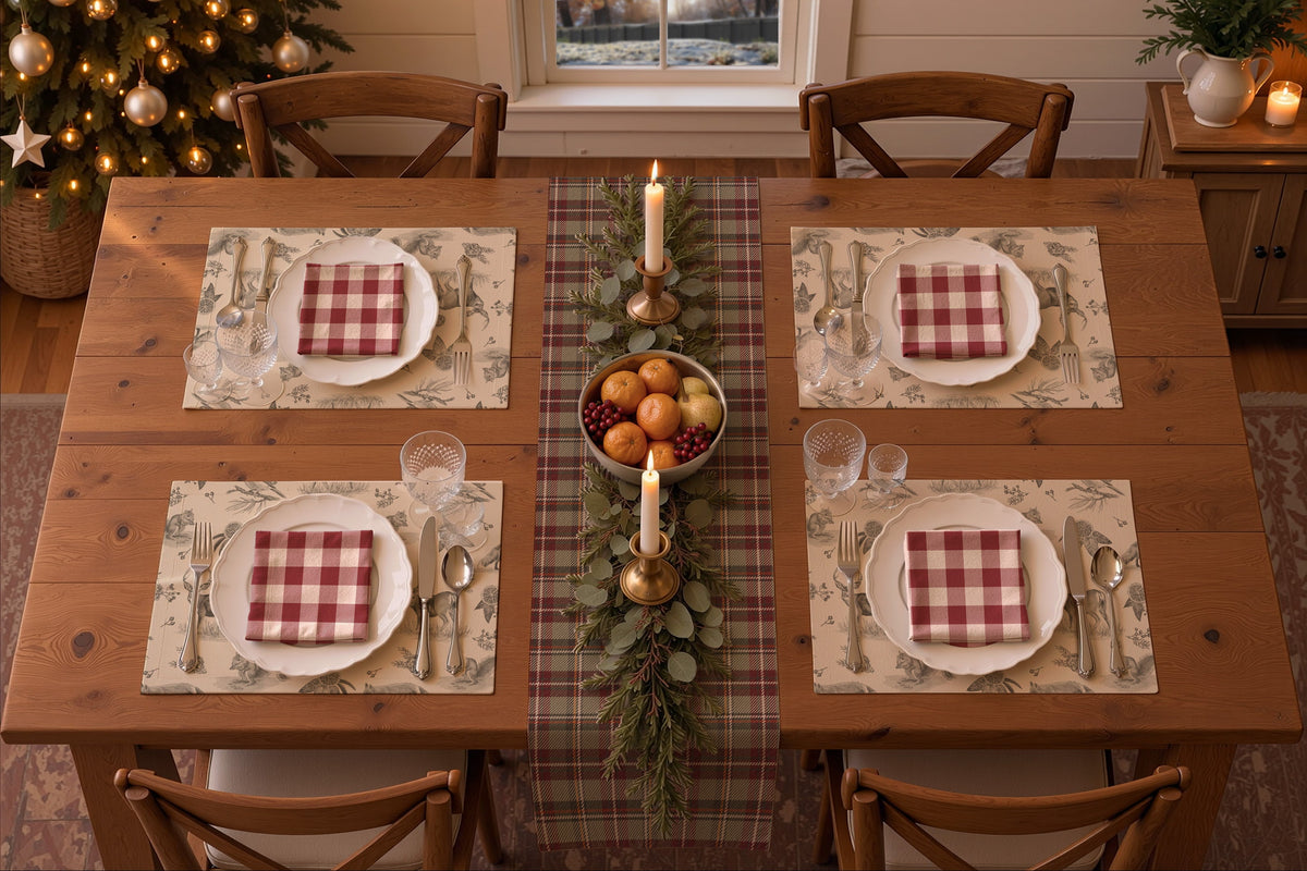 Rendering of a Christmas table seen from above with charcoal Woodland Toile placemats, red buffalo check napkins and the Holiday Berry plaid table runner