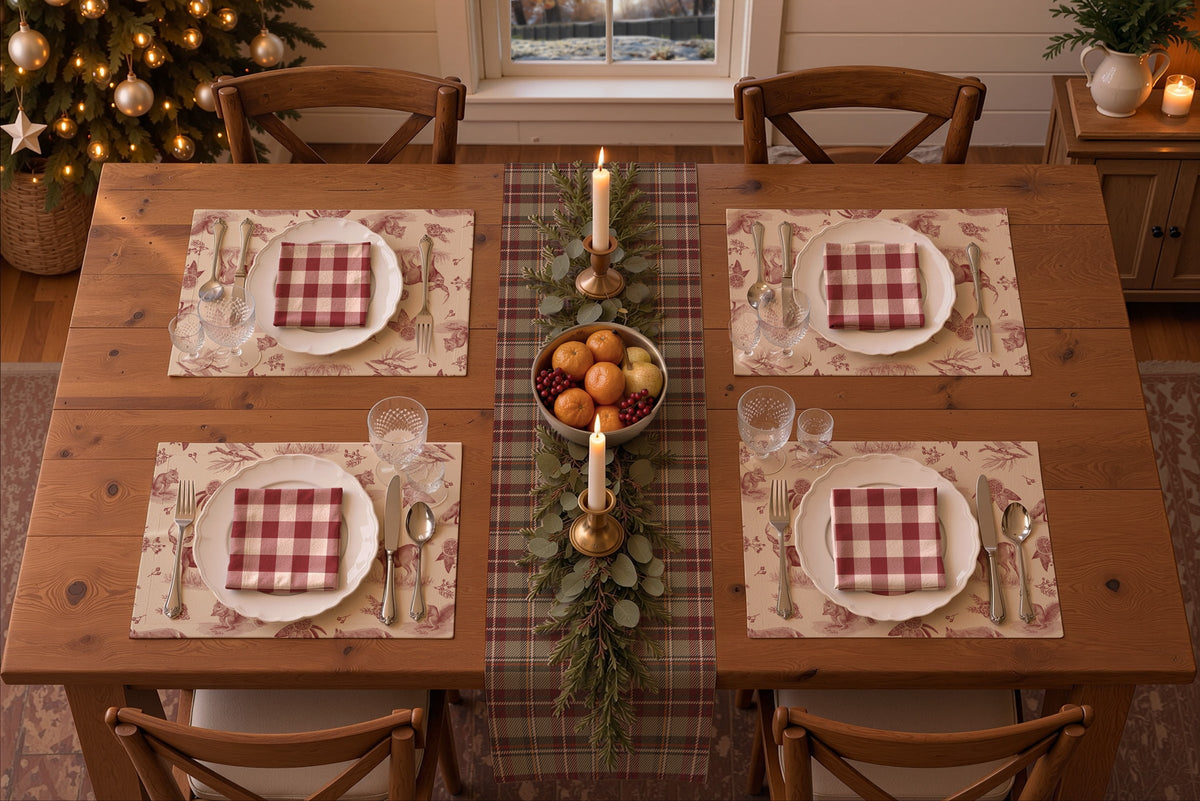 Rendering of a Christmas table seen from above with cranberry Woodland Toile placemats, red buffalo check napkins and the Holiday Berry plaid table runner