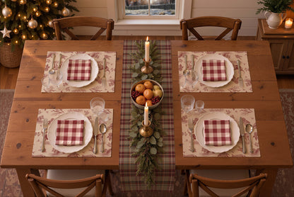 Rendering of a Christmas table seen from above with cranberry Woodland Toile placemats, red buffalo check napkins and the Holiday Berry plaid table runner