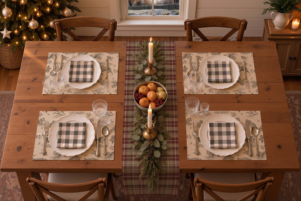 Rendering of a Christmas table set for four, seen from above, with the Homestead Plaid runner in Holiday Berry, charcoal Woodland Toile placemats and charcoal buffalo check napkins