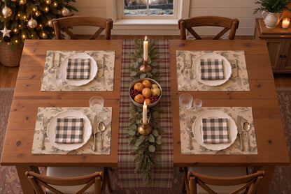 Rendering of a Christmas table set for four, seen from above, with the Homestead Plaid runner in Holiday Berry, charcoal Woodland Toile placemats and charcoal buffalo check napkins