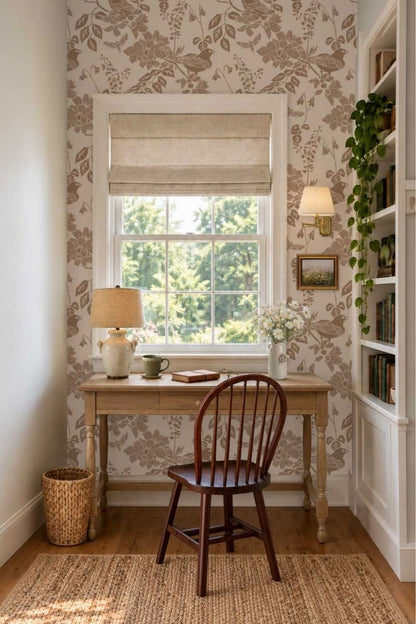 Western Birds and Flowers wallpaper in Prairie Rose styled in a home office nook — blush pink wallpaper by Pine + Feather Studio