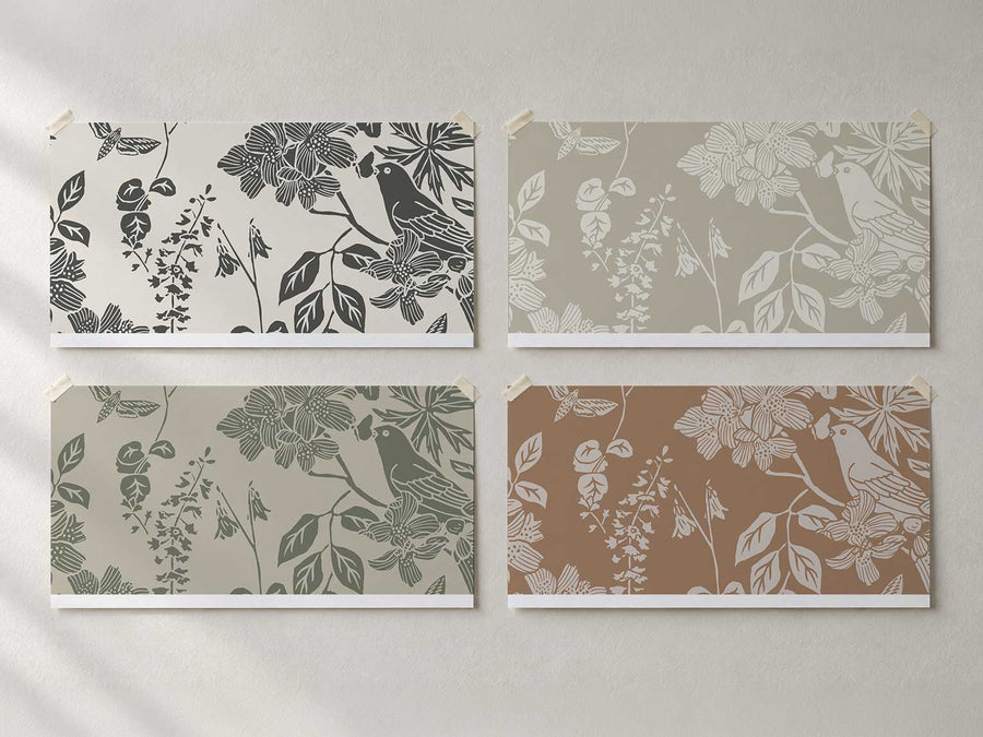 Four Western Birds and Flowers wallpaper swatches in light colorways