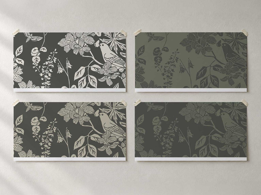 Four Western Birds and Flowers wallpaper swatches in deep colorways