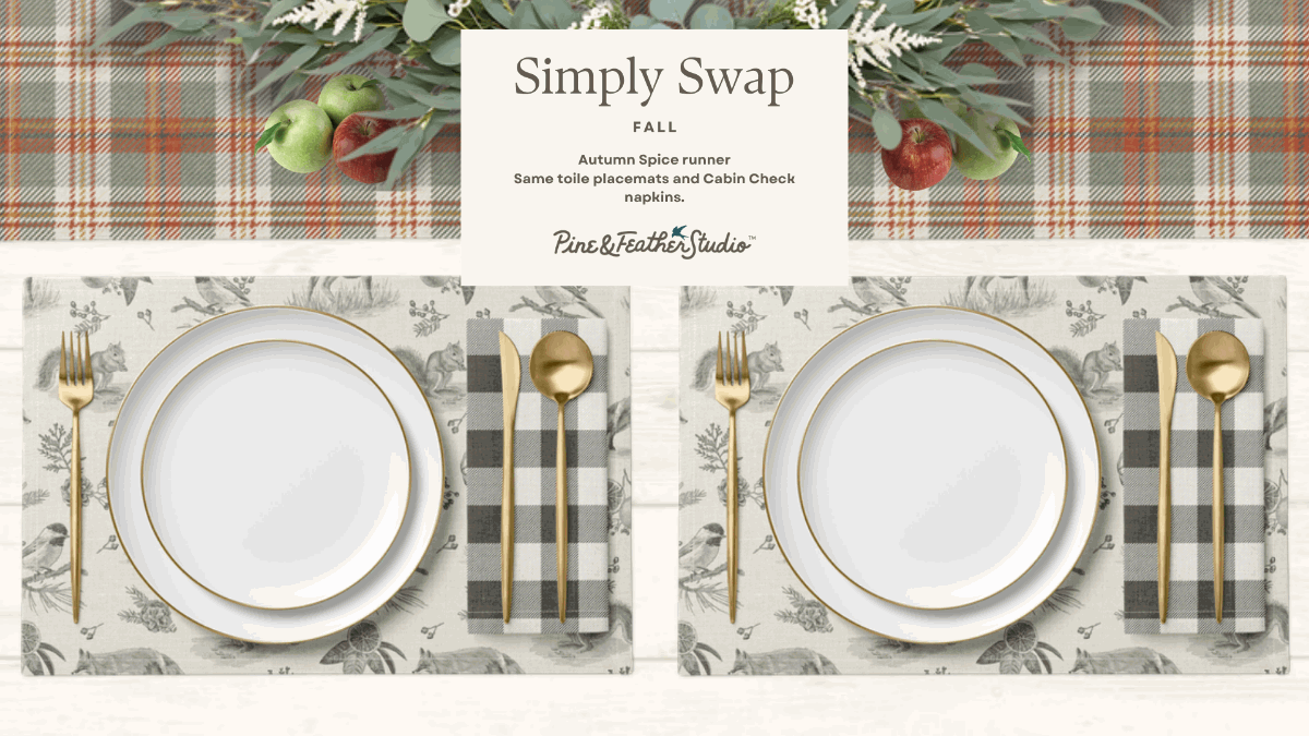 Animation of the same table seen from above as the runner swaps from Autumn Spice for fall to Holiday Berry for Christmas to Winter Hearth for winter, with the same toile placemats and buffalo check napkins