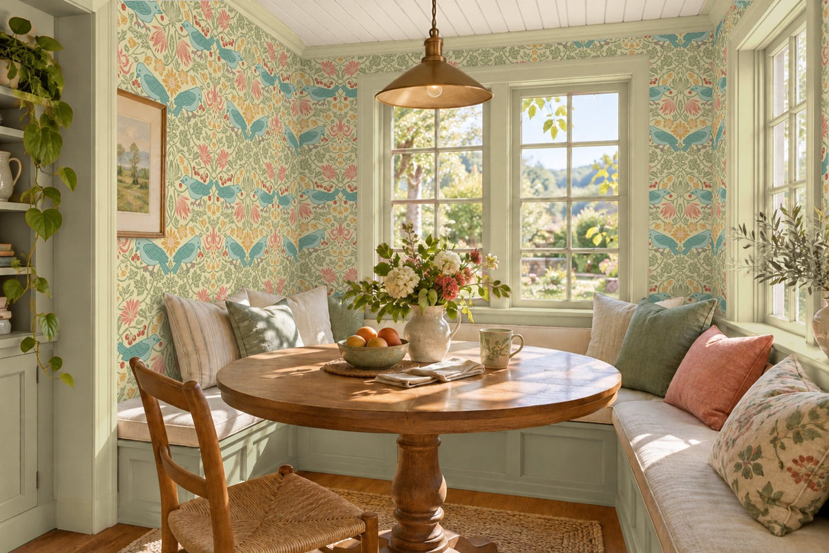 Breakfast nook with Spring Thaw bird wallpaper, Celery green banquette and trim, and a round oak table (rendering)