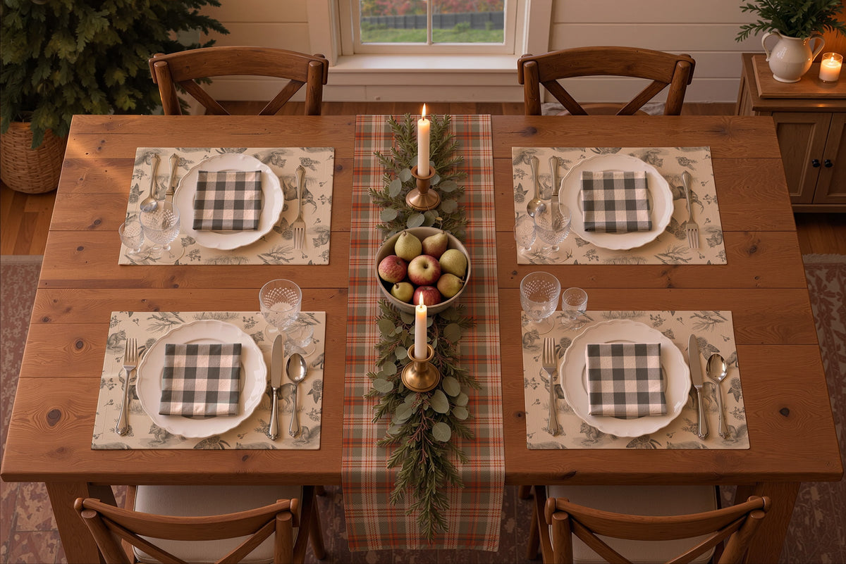 Rendering of a Thanksgiving table set for four, seen from above, with the Homestead Plaid runner in Autumn Spice, charcoal Woodland Toile placemats, charcoal buffalo check napkins and a bowl of pears and apples