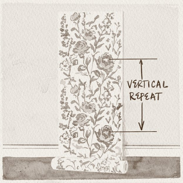 Hand-drawn illustration of an unrolled floral wallpaper roll with arrows marking the vertical repeat, the distance before the pattern repeats down the roll