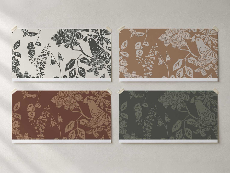 Four Western Birds and Flowers wallpaper swatches, one light, one dark, one warm and one blush