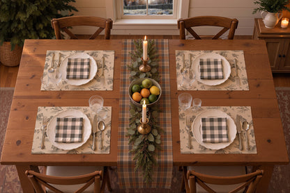 Rendering of a winter table set for four, seen from above, with the Homestead Plaid runner in Winter Hearth, charcoal Woodland Toile placemats, charcoal buffalo check napkins and a bowl of citrus