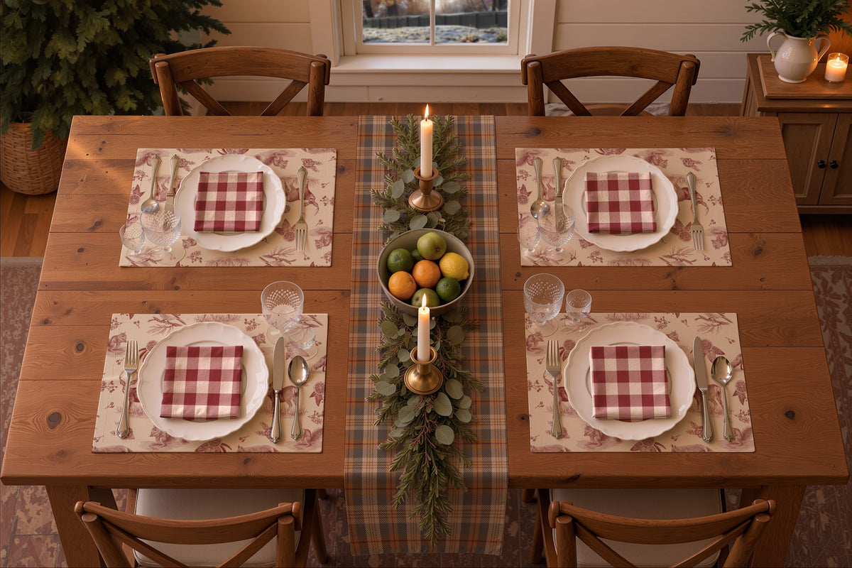 Rendering of a winter table set for four, seen from above, with the Homestead Plaid runner in Winter Hearth, cranberry Woodland Toile placemats, red buffalo check napkins, brass candlesticks and a bowl of citrus