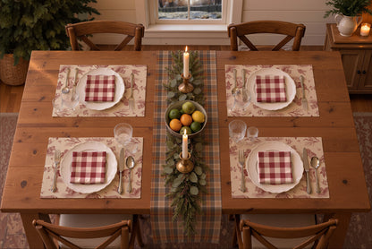 Rendering of a winter table set for four, seen from above, with the Homestead Plaid runner in Winter Hearth, cranberry Woodland Toile placemats, red buffalo check napkins, brass candlesticks and a bowl of citrus