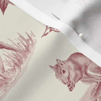 Close-up of the Woodland Toile fabric in Cranberry on cotton sateen, showing the hand-drawn woodland animals and the fabric's smooth weave
