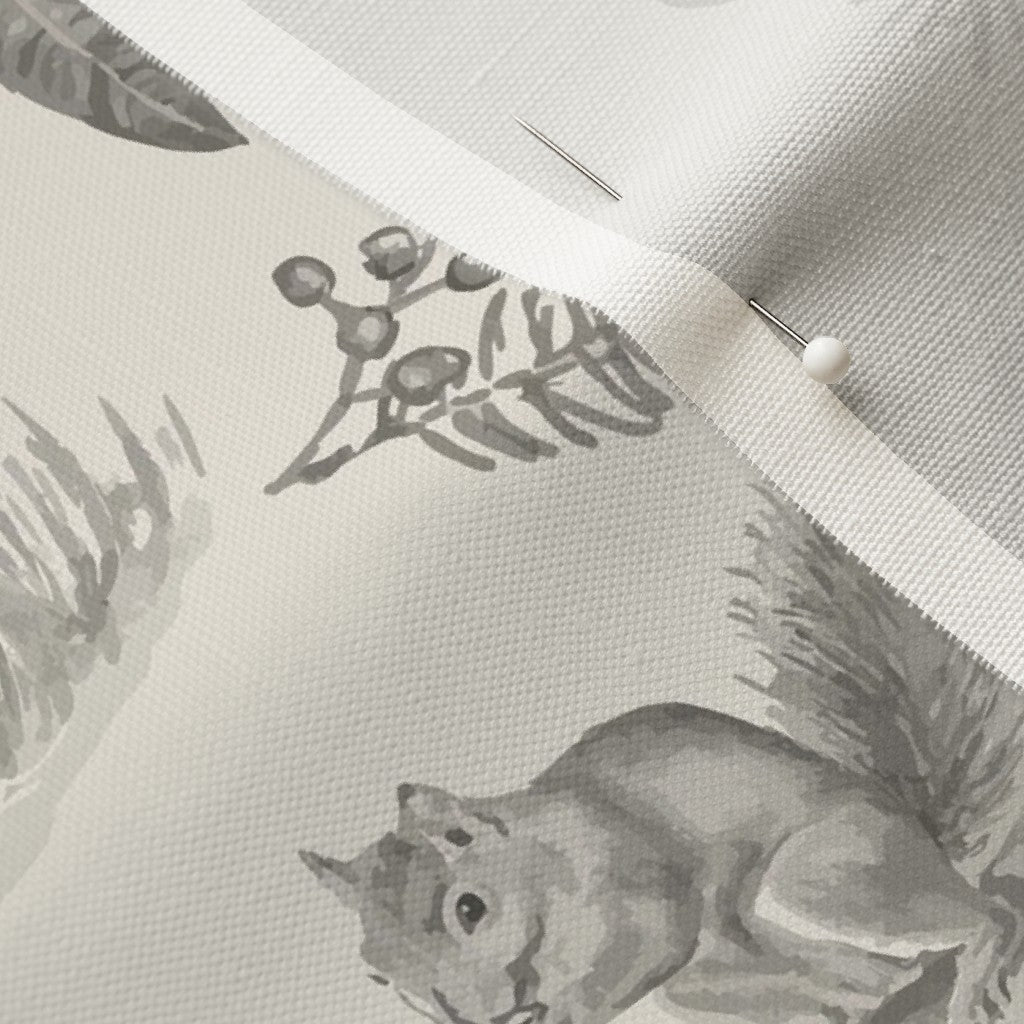 Detail of the hand-drawn squirrel and berries in the charcoal woodland toile