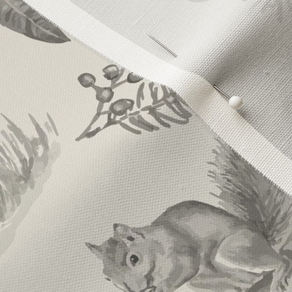 Detail of the hand-drawn squirrel and berries in the charcoal woodland toile