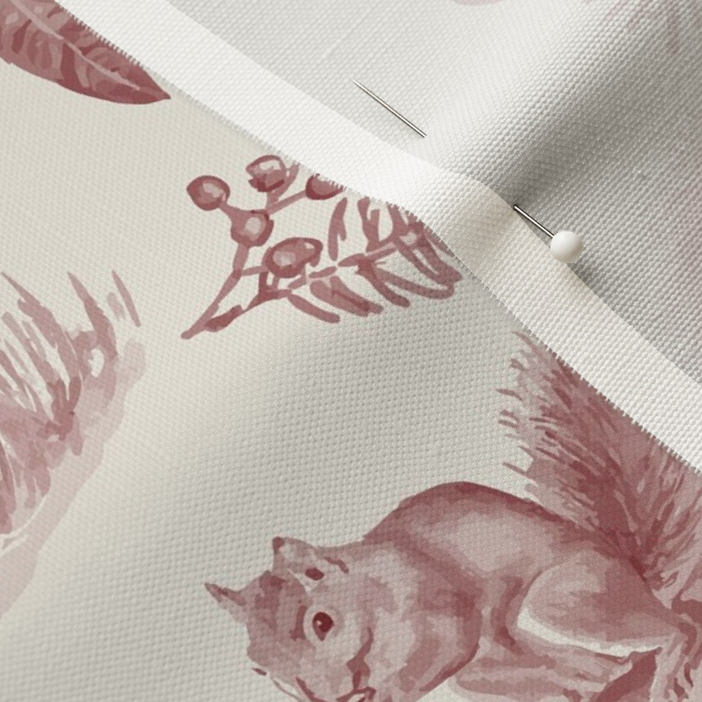 Detail of the hand-drawn squirrel and berries in the cranberry woodland toile